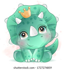 Cute Little Dinosaur Portrait With Watercolor Effect