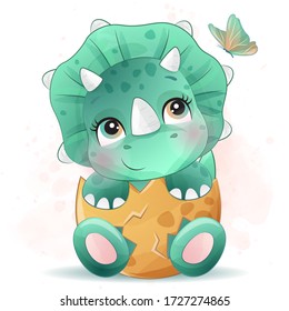 Cute Little Dinosaur Portrait With Watercolor Effect