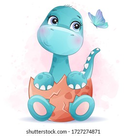 Cute little dinosaur portrait with watercolor effect