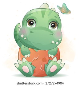 Cute little dinosaur portrait with watercolor effect