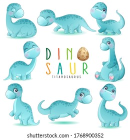 Cute little dinosaur poses with watercolor illustration