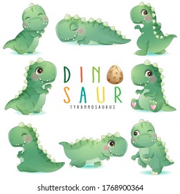 Cute Little Dinosaur Poses With Watercolor Illustration