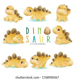 Cute Little Dinosaur Poses With Watercolor Illustration