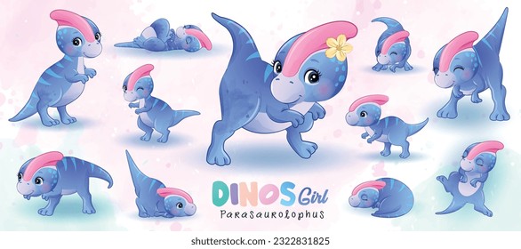 Cute little dinosaur poses with watercolor illustration