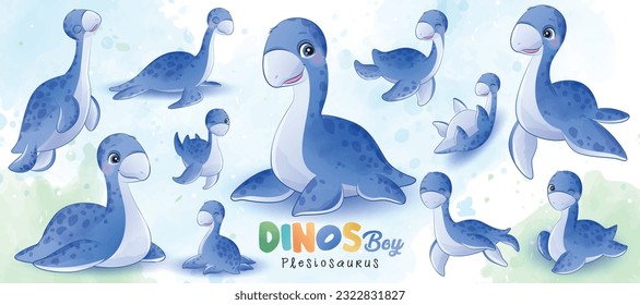 Cute little dinosaur poses with watercolor illustration