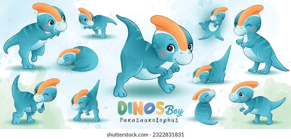 Cute little dinosaur poses with watercolor illustration