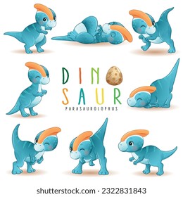 Cute little dinosaur poses with watercolor illustration