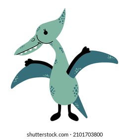 Cute little dinosaur. Pterodactyl. Vector illustration, isolated on a white background. Scandinavian cartoon style flat design. Concept for children print.