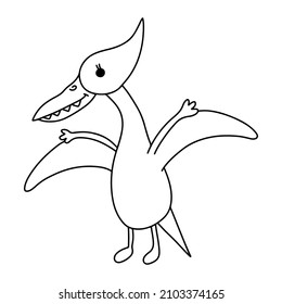 Cute little dinosaur. Pterodactyl. Vector illustration, isolated on a white background. Concept for children print. Coloring book page.