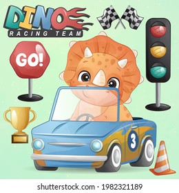 Cute little dinosaur with racing car illustration set