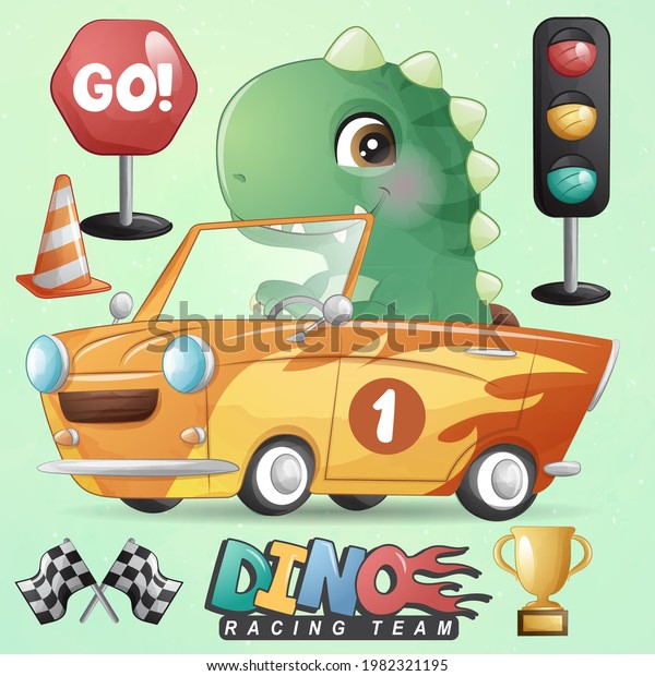 Cute
little dinosaur with racing car illustration
set