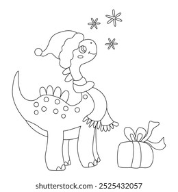 Cute little dinosaur and snowflakes. Vector hand drawn doodle Christmas illustration, isolated black outline. Great for coloring and Xmas cards.