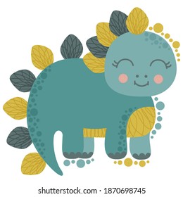 Cute little dinosaur Stegosaurus stands and smiles on a white background. Children's cartoon illustration. Perfect for printing on clothes, postcard, sticker, poster. Vector.