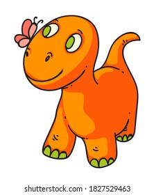 Cute little dinosaur. Vector cute little dinosaur playing with butterfly isolated on white background. Vector illustration
