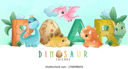 Cute Little Dinosaur With Watercolor Collection