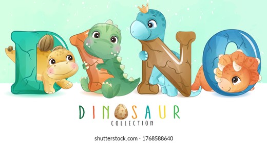 Cute little dinosaur with watercolor collection