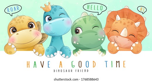 Cute little dinosaur with watercolor collection
