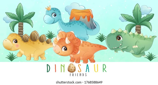 Cute little dinosaur with watercolor collection