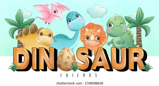 Cute little dinosaur with watercolor collection