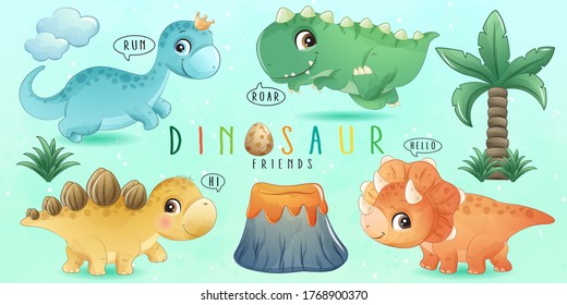 Cute Little Dinosaur With Watercolor Collection