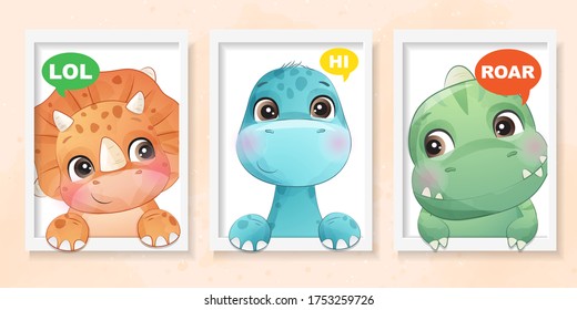 Cute little dinosaur with watercolor effect illustration