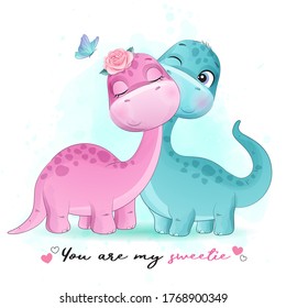 Cute Little Dinosaur With Watercolor Illustration