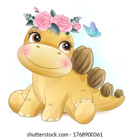 Cute little dinosaur with watercolor illustration