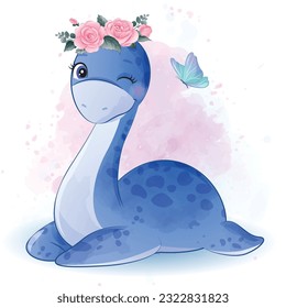 Cute little dinosaur with  watercolor illustration