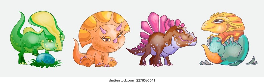 Cute little dinosaurs cartoon set. Playin with egg, stand, born from an egg. Can be used for print design greeting card used for print design, banner, poster, flyer template