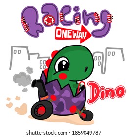 Cute little Dinosaurs driving  car egg decorated , racing funny Dino   Vehicle on City Street character, White background cartoon vector Illustration.