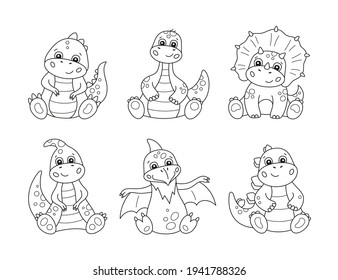 Cute little dinosaurs for kid coloring books. Children puzzle game. Black and white cartoon vector illustration on white background