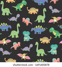 Cute little dinosaurs for kids hand drawn seamless vector pattern