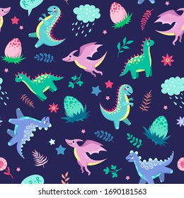 Cute little dinosaurs on a blue background. Children's illustration, seamless pattern.