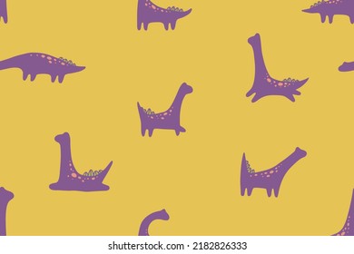 Cute little dinosaurs on sun background. Violet and purple Dino. Baby Dino land. Dinosaur on a beach. Funny seamless pattern with dinosaurs