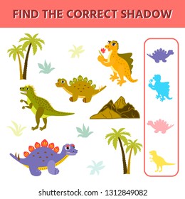 Cute little dinosaurs and palms. Find the correct shadow. Educational matching game for children. Game tasks for attention.