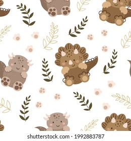 Cute little dinosaurs seamless pattern. Scandinavian print for nursery t-shirts, textiles, wrapping paper, kids apparel, invitation cover. Bright colored childish vector illustration.