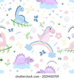 Cute little dinosaurs seamless pattern for kids on white background. Dino cute pastel pink, blue, purple. Background for textile, fabric, wallpaper, nursery. Vector illustration.