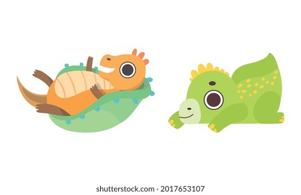 Cute Little Dinosaurs Set, Adorable Newborn Dino Babies Characters Cartoon Vector Illustration