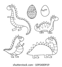 Cute little dinosaurs set. Lovely vector collection of animals for the coloring book or page for kids and adults.