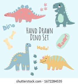 Cute little dinosaurs set. Vector cartoon collection for kids design. funny dinosaurs collection. Cute childish characters in pastel colors. Colorful hand drawn illustration.