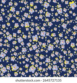 Cute little ditsy daisy flower heads with leavs seamless repeat pattern. Random placed, handdrawn vector botany aop, all over print on dark blue background.