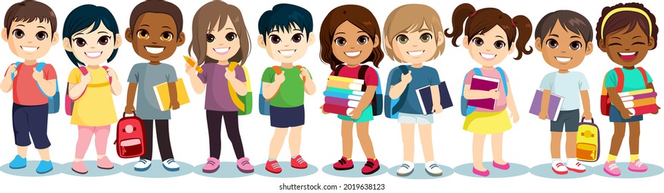 Kleine, bunte Schüler mit Büchern und Schultaschen, die wieder zur Schule gehen