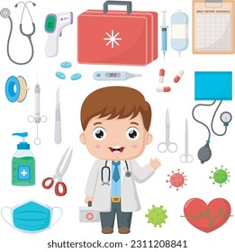 Cute little doctor cartoon with hospital elements