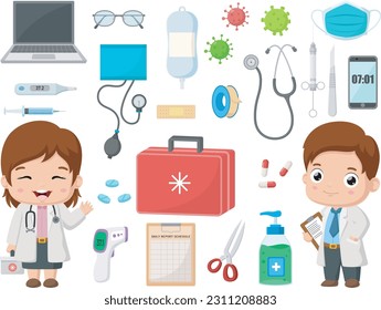 Cute little doctor cartoon with hospital elements