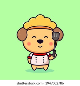 cute little dog become chef carrying spatula, little puppy chef with spatula for mascot logo