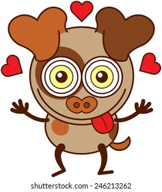 Cute little dog with big ears, funny bulging eyes, brown spots and short tail while smiling, raising its arms, sticking its tongue out, showing red hearts around its head and feeling madly in love