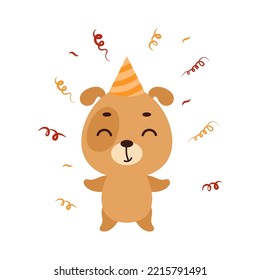 Cute little dog in birthday hat on white background. Cartoon animal character for kids t-shirt, nursery decoration, baby shower, greeting card, house interior. Vector stock illustration
