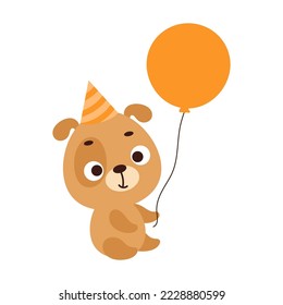 Cute little dog in birthday hat holding balloon. Cartoon animal character for kids t-shirt, nursery decoration, baby shower, greeting card, house interior. Vector stock illustration