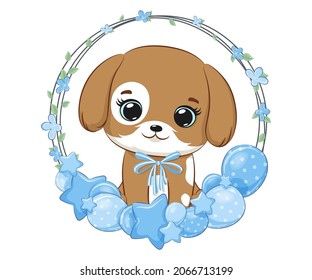 Cute little dog boy and a festive wreath. Cartoon vector illustration.