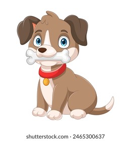 Cute little dog cartoon biting the bone